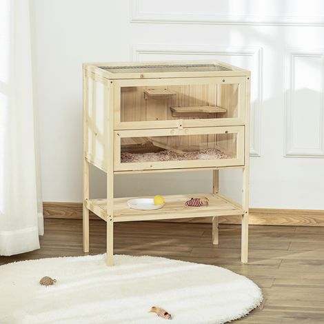 Naturelle 60x40x80 cm - Cage en bois pour hamsters et souris Playhouse avec 5 plateformes, rampe, toit pliable, fenêtre en plastique, verre