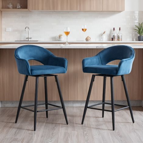 Wahson Tabouret de Bar en Velours, Lot de 2 Tabouret Rotation de 360 Degré Chaise Bar de Pied en Métal avec Repose-Pieds pour Bar, Bleu