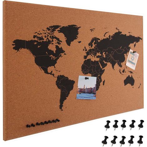Pannello Bacheca Mappamondo Globo in Sughero 60x40cm da Parete con 10 Puntine