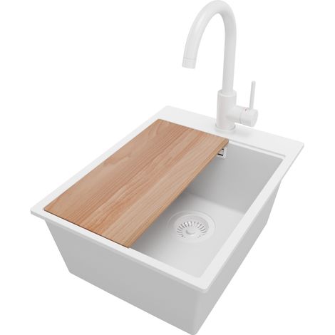 PRIMAGRAN Evier Cuisine en Granit 38x50cm, Lavabo 1 bac + Robinet 32x20cm + Kit de Vidage + Accessoire, Évier à Encastrer au meuble 40cm - Oslo, Tout Blanc (1/5)