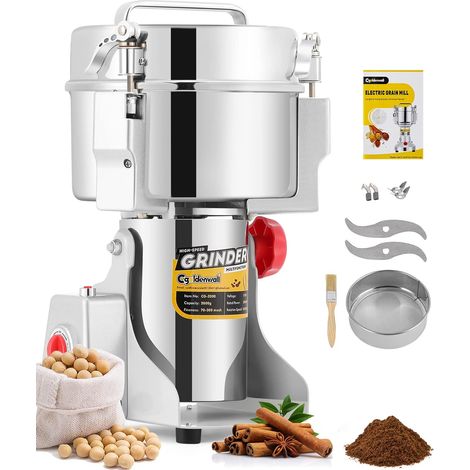 2000g Moulin à Céréales Électrique, Open-Cover-Stop, Minuterie Acier inoxydable, Ultrafin Broyeur à Épice pour Maïs/Café/Riz/Grains, 32000RPM Haute Vitesse, 3000W Commerciale Moteur (1/5)