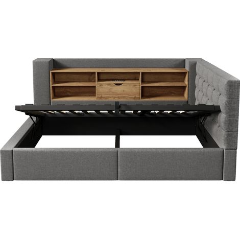 Cama tapizada 90x200 cm gris con LED, almacenaje, cabecero L reversible y somier (1/5)