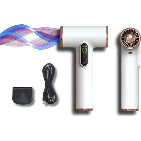 Sèche-cheveux sans Fil 200 W pour Voyage, Mini Sèche-cheveux Portable USB C Rechargeable, avec écran Numérique, 3 Vitesses de Vent et 3 Températures, Moteurs Brossés