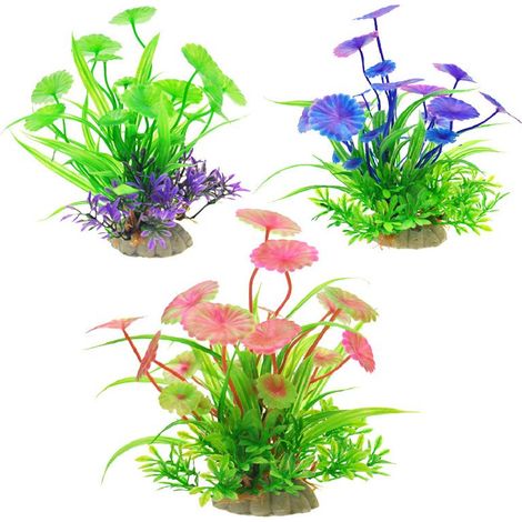 Lot de 3 plantes artificielles pour aquarium, décoration aquatique réaliste, plante en plastique avec socle, dimensions 14 x 4,5 cm, décoration pour aquarium et bac à poissons (1/5)