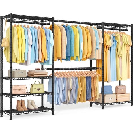 Portant à vêtements penderie télescopique avec étagères réglables 40 x 177-220 x 193 cm en acier noir (1/2)