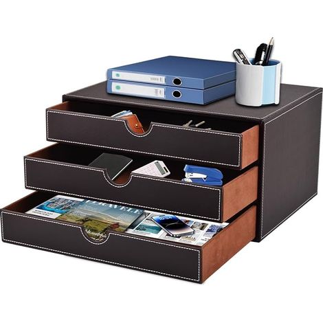 Boîte à tiroirs de bureau avec 3 compartiments fermés A4 en cuir PU, organisateur de bijoux, organisateur de cosmétiques, ouverture en forme de U, coutures cousues à la main (marron) (1/5)