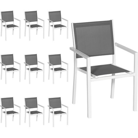 HAPPY GARDEN - Lot de 10 chaises en aluminium blanc - textilène gris