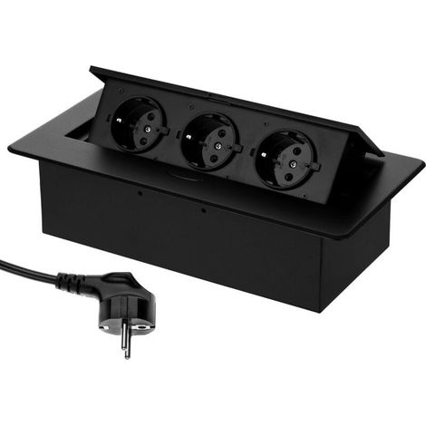 Prise de courant encastrable rétractable à 3 voies, prise électrique complète en aluminium moulé par injection, ouverture dissimulée, noire, avec câble de 1,5 m (1/4)