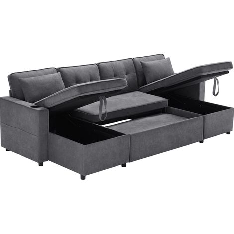 ELVMI U-förmiges Schlafsofa mit Stauraum, Getränkehaltern und Seitentaschen, aus Baumwolle und Leinen, Grau 270 × 130 × 86 cm (1/4)