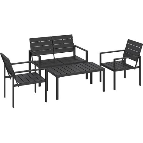 Set lounge da giardino 4 posti nero in metallo e HDPE con divano 2 posti, 2 poltrone e tavolino (1/4)