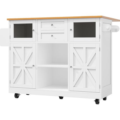 Îlot de cuisine blanc en MDF avec plateau relevable, roulettes et porte-serviettes (1/5)