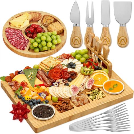 15 Pièces Planche À Charcuterie, Bambou, Avec Couteaux Et Fourchettes, Pour Fête Et Cadeau