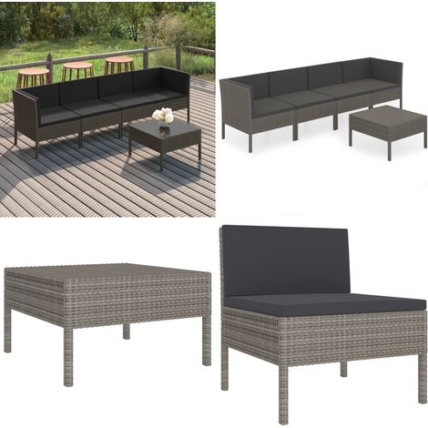 5-tlg. Garten-Lounge-Set mit Auflagen Poly Rattan Grau - Gartensortiment - Loungemöbel - Gartenloungeset - Outdoor-Wohnzimmer - Rattanmöbel - Home & Living