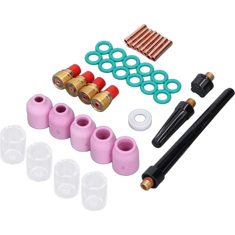Kit de 37 accessoires pour torche de soudage TIG : buses en céramique, coupelles en verre, lentilles à gaz, pinces, joints toriques, capuchons arrière, capuchon avant en PTFE (1/5)