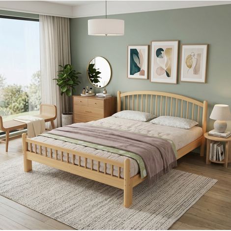 Letto 140x200 cm beige e naturale in legno con testiera a griglia (1/5)