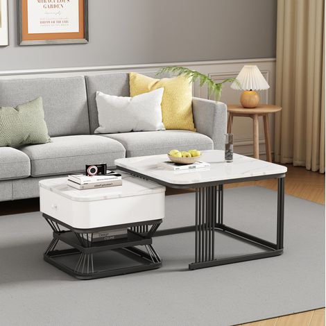 Tavolino da salotto 2 pezzi con cassetto, effetto marmo bianco e nero, MDF e metallo DESVIAE (1/5)
