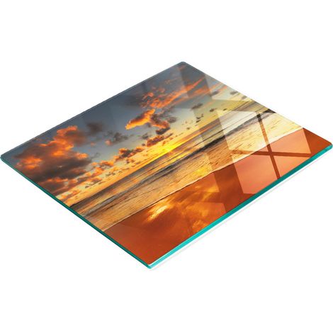 Tablero decorativo multifuncional de vidrio templado con dise帽o de playa y sol, 60x52 cm.