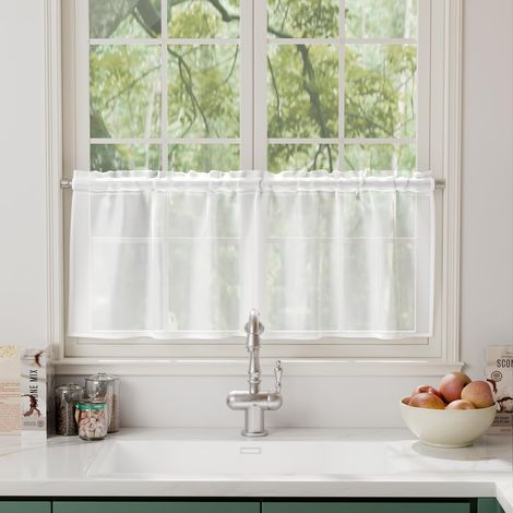 Rideau brise-bise moderne en voile - 45 x 90 cm (H x l) - Demi rideaux pour fenêtre de salon - Transparent - Blanc - Pour cuisine, caravane, chambre à coucher, salle de bain (1/5)