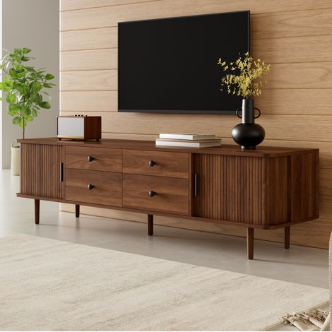 Mueble TV 165x40x46 cm de MDF color nogal, 4 cajones y puertas correderas – MEUBLIV (1/5)