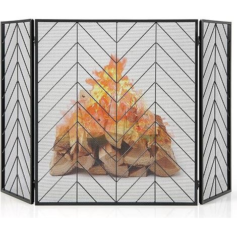GOPLUS Pare Feu Cheminée Pliable 3 Panneaux en Fer, Écran de Cheminée Pare-Étincelles, Grille de Protection, Arbre Noir, 133x78CM