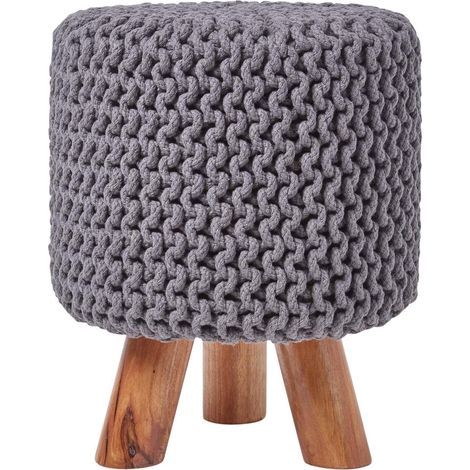 HOMESCAPES Sea Grey Tall Cotton Knitted Footstool on Legs