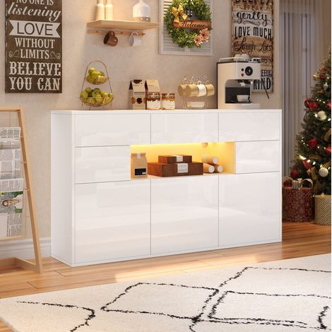 Sideboard 140 x 30 x 82 cm mit 3 Schubladen, 5 Fächern, LED, Weiß HAVRYA (1/5)