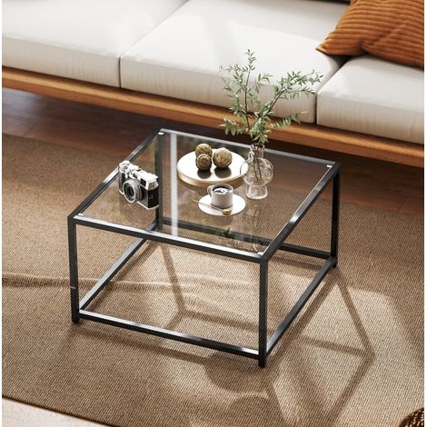 Tavolino da salotto quadrato in vetro temperato e acciaio nero 68x68x39 cm DESVIAE (1/5)