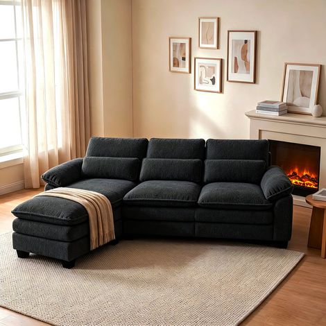 Canapé modulable Canapé d'angle réversible 226x76x88cm,Canapé modulaire coussins doubles, canapé en L avec pouf amovible, canapé en velours Teddy 4 places Noir