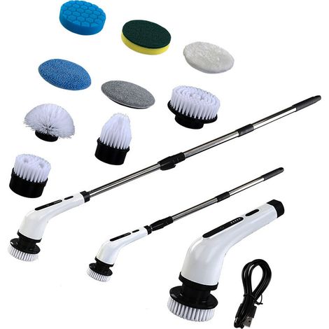 Brosse électrique rotative sans fil multifonction avec poignée rétractable pour salle de bain, baignoire et douche, nettoyage puissant avec 9 brosses (1/5)