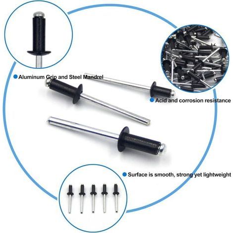 Rivets aveugles en aluminium 4,8 × 12 mm – Lot de 100 pièces noir, tête ouverte, type pop pour bricolage et réparation (1/3)