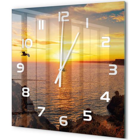 Grande Horloge Murale Carrée Cuisine en Verre Silencieuse Design Moderne Décorative Mer au coucher du soleil 60x60 cm (1/5)