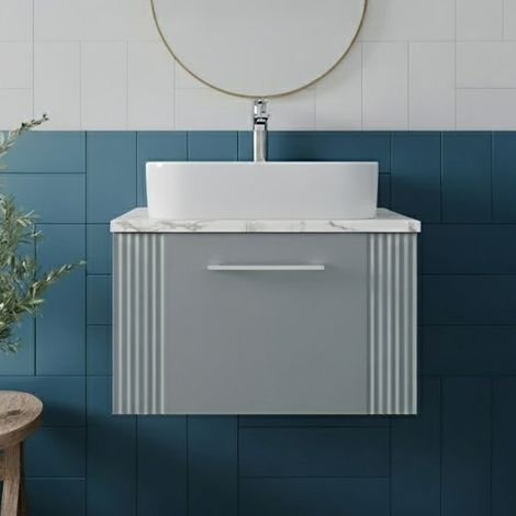 Nuie Deco Wall Hung 1-Drawer Vanity Unit with Carrera Marble Worktop 600mm Wide - Satin Grey (1/5)
