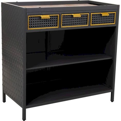 Buffet en bois et métal gris avec tiroirs et étagère design - gris effet bois naturel et doré (1/5)