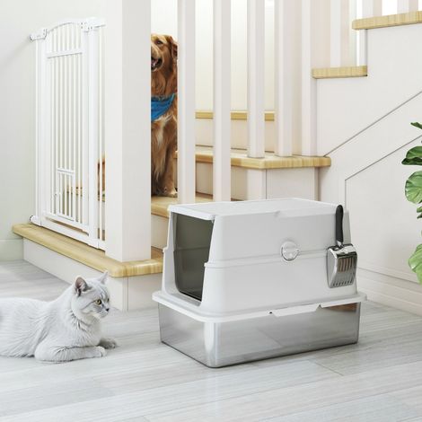Arenero para gatos con tapa (60.2x40.2x43.3 cm), XL cerrado, limpieza sencilla, acero inoxidable gris claro (1/5)