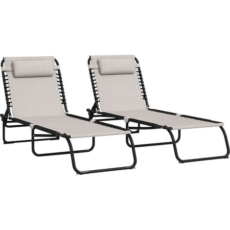 Set aus 2 faltbaren Sonnenliegen mit verstellbarer, mehrfach positionierbarer Rückenlehne, Stahlrahmen, elastischen Gurten und cremefarbenem Textilene-Bezug