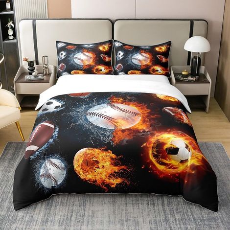 Sports thèmes Housse de Couette 200x200cm 100% Coton Baseball Football Parure de Lit Garçons Filles Enfants Crosse Hockey Literie Set Softball Salle décor Basketball Ensemble de lit - 200 x 200 cm + 2 (1/5)