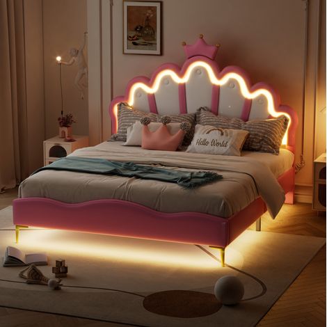 Bett 140x200 Doppelbett mit LED Krone Rosa Design OKMYHOME (1/5)
