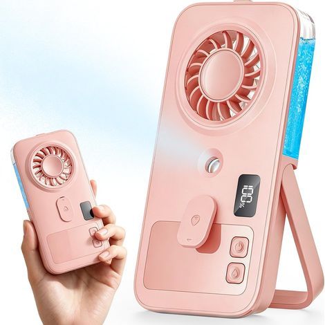Mini portable misting fan, personal refreshing mister, rechargeable and portable, pink. (1/5)