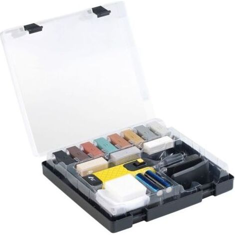 Kit de réparation de sol stratifié, outil de réparation d'installation de sol, avec 11 blocs de bois cirés pour la réparation de sols stratifiés, de revêtements de sol, de comptoirs et d'armoires de c (1/4)