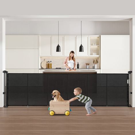 Barrière de Sécurité Extensible Jusqu’à 280 cm Hauteur 87 cm, Barrière Rétractable pour Animaux de Compagnie, Clôtures en Mailles, pour Chiens Couloir Escalier Porte Salle de Jeux, Noir (1/5)