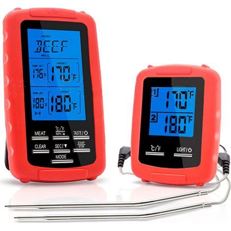 Wireless BBQ meat thermometer with dual probe, ideal for smart, personalized cooking reminders for grilling enthusiasts, made of stainless steel and gray silicone. (1/5)
