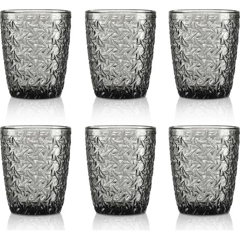 Grey Stackable Drinking Glasses, Vintage Flower Embossed Tumbler, for Juice, Beer, Cocktail, 300 ml, Pack of 6, Dishwasher Safe (1/5)