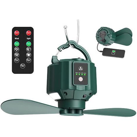Ventilateur de plafond de camping, ventilateur de plafond de tente portable rechargeable USB 5200 mAh avec télécommande, ventilateur de camping, voyage, pêche, randonnée, barbecue (1/5)