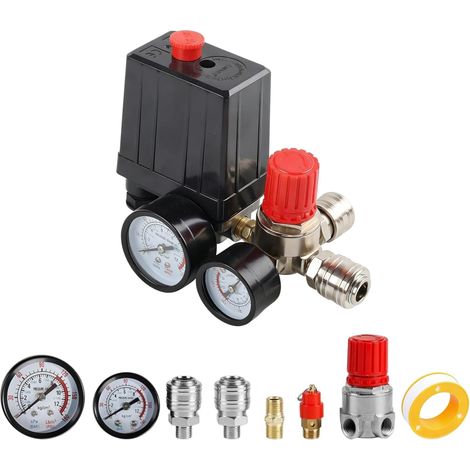 Pressostat pour Compresseur d'Air 220V - Interrupteur de Contrôle de Pression avec Doubles Manomètres, Soupape de Sécurité et Régulateur, 90-120 PSI