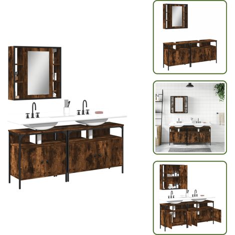 The Living Store 3-tlg. Badmöbel-Set Räuchereiche Holzwerkstoff - Badezimmermöbel - Badschrank - Spiegel - Unterschränke - Rauchfarbe (1/5)