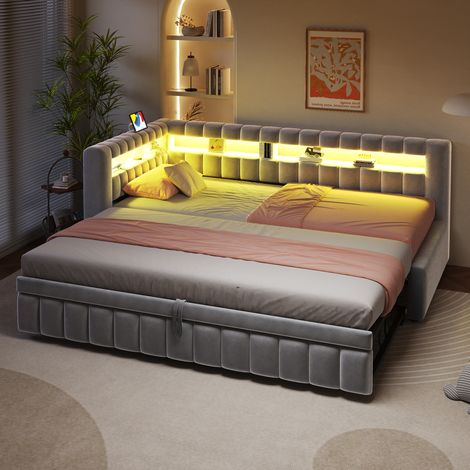Lit tapis convertible 90x200 cm avec éclairage LED, tête et dossier spacieux, motif rayé classique, port USB, velours gris clair, ancienne référence LDU00422AAG (1/5)