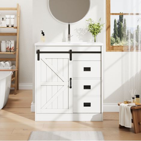 Mueble de baño con lavabo moderno blanco de MDF con lavabo cerámico, 2 cajones y armario, 76 x 46,5 x 87,5 cm (1/5)