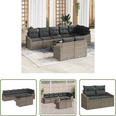 vidaXL Freisitz - Sofa Set mit Kissen 9 pcs Grau Poly-Rattan (1/5)