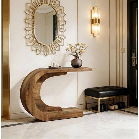 Mesa consola 110x35x75 cm, diseño en forma de C, para recibidor y salón, madera marrón rústico (1/5)