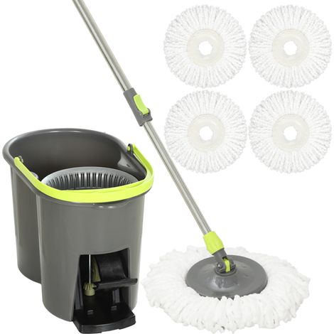 HOMCOM juego de fregona y cubo con escurridor, cubo 20 l, limpieza suelos y paredes, 5 mopas de microfibra lavables, cabezal 360°, uso seco y húmedo (1/5)